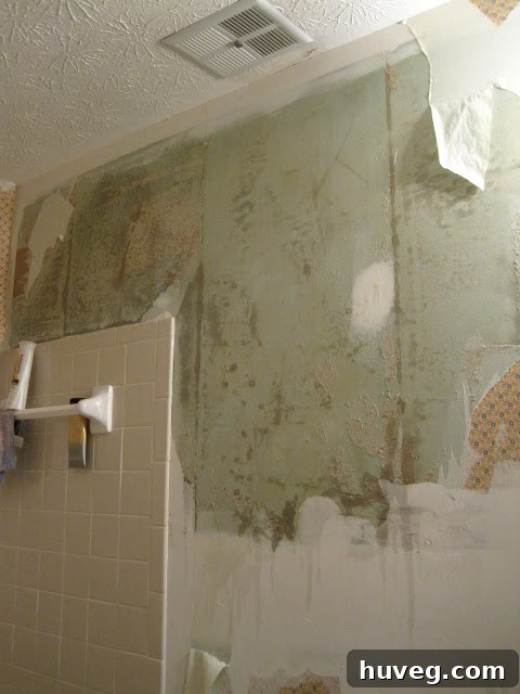 Bare bathroom wall after wallpaper has been completely removed, ready for renovation