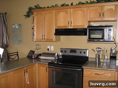 Before photo of the kitchen cabinets, showcasing their original finish and style