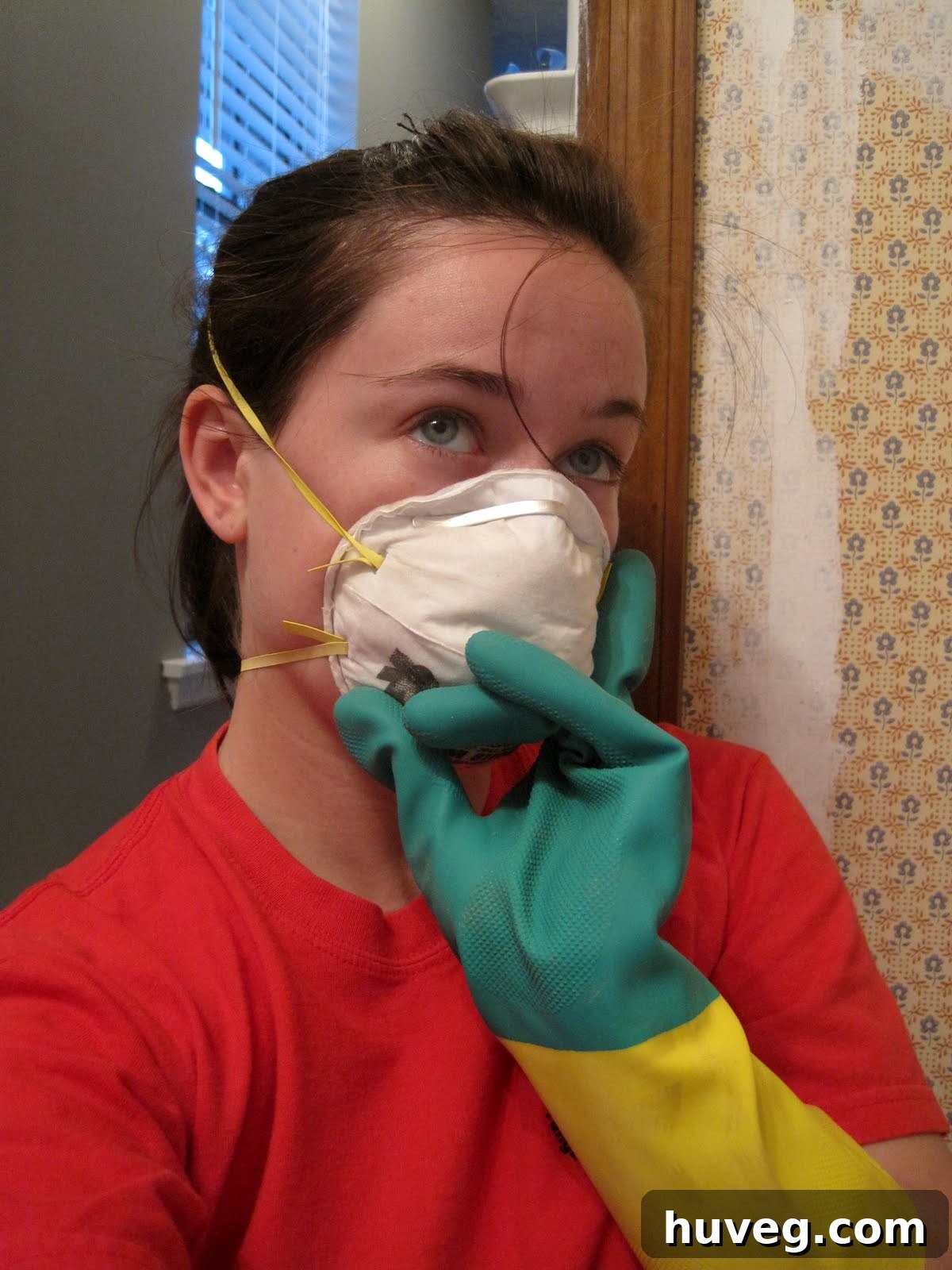 Close up of painter's tape on bathroom floor