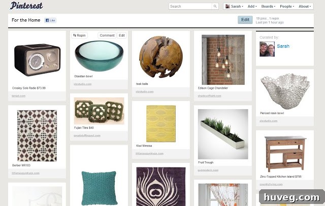 Screenshot showing the Pinterest interface with various home decor pins, categorized on a 'For the Home' board, highlighting visual organization.
