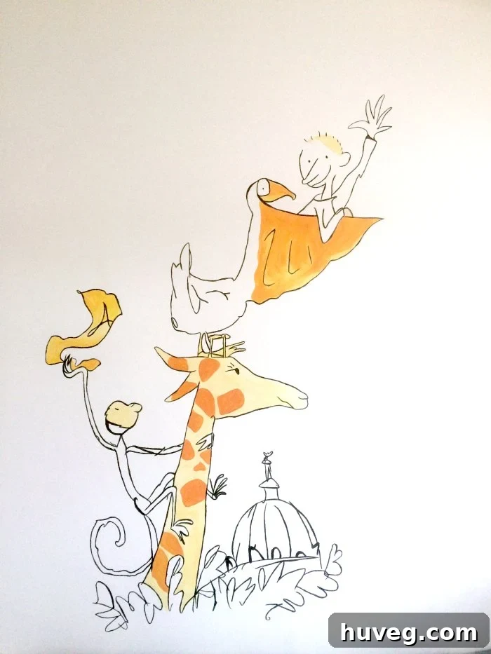 Layer by layer color addition on a wall mural for a children's room, demonstrating the gradual development of the artistic design.