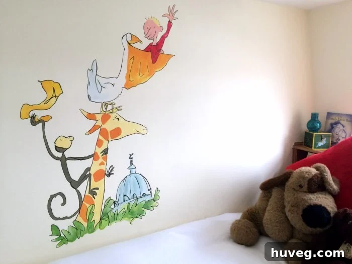 The finished mural in a child's bedroom, a vibrant and imaginative piece of wall art that transforms the space.