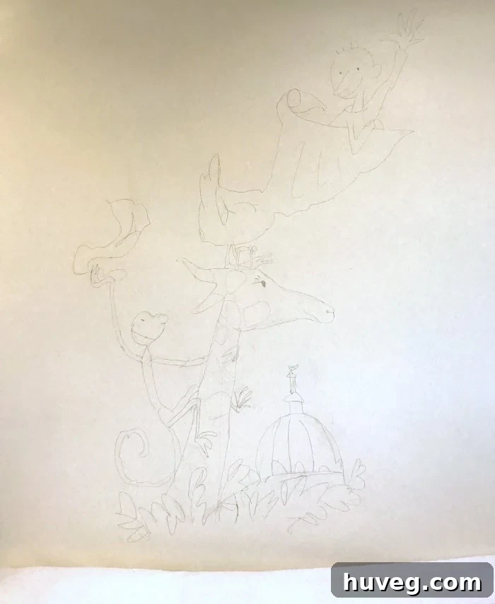 A detailed pencil sketch of a children's wall mural, showing the initial outline and composition before painting begins, ensuring proper scale and design.