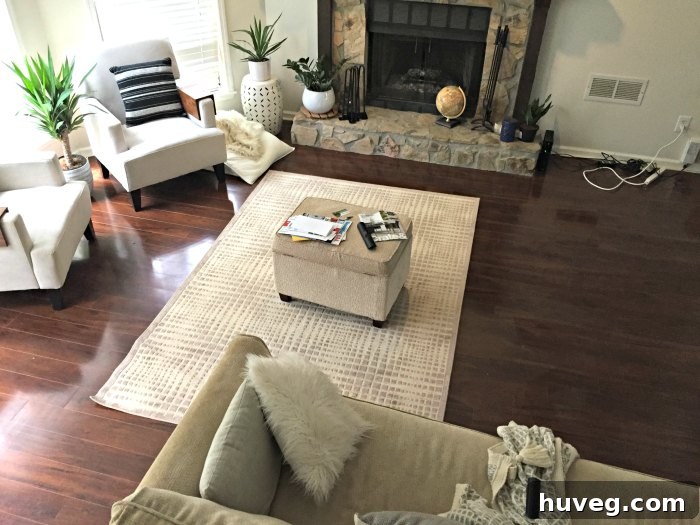 Living room before new rug, showing yellow undertones and lack of cohesion