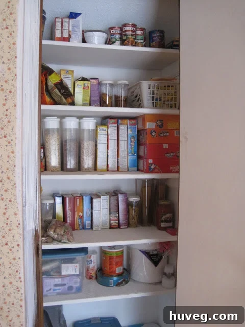 A neatly organized pantry shelf with labeled containers and neatly arranged food items