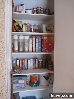 A neatly organized pantry shelf with labeled containers and neatly arranged food items