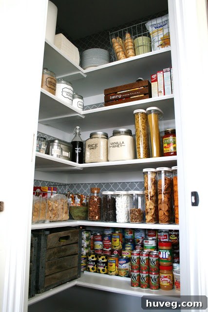 Beautifully organized kitchen pantry inspiration photo with white shelves and decorative pattern