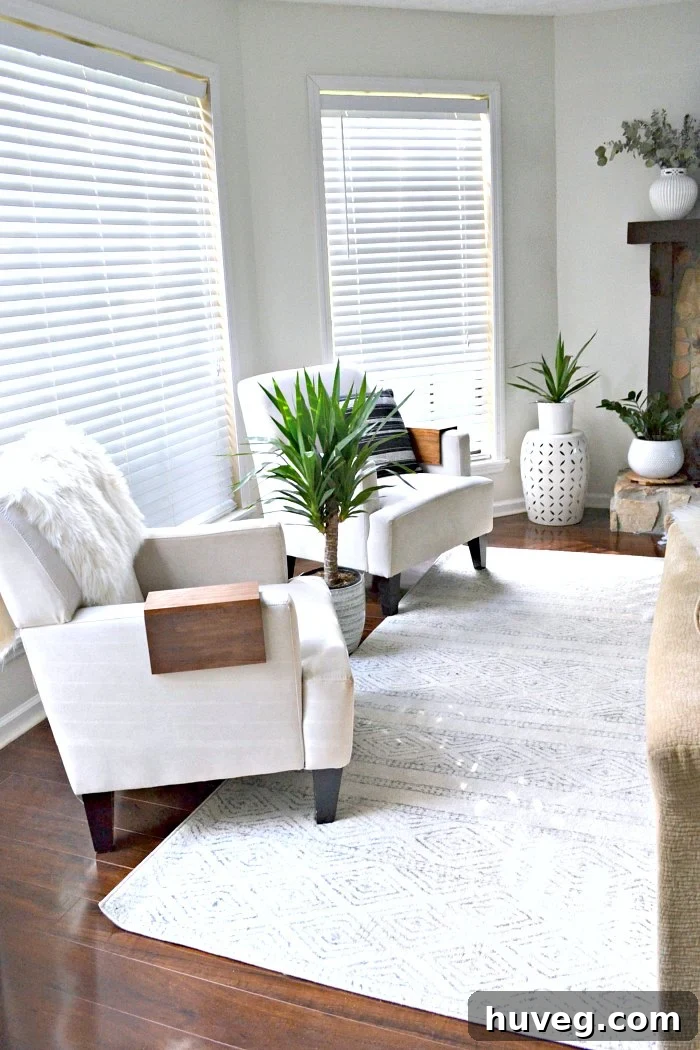 Left side of a refreshed living room featuring a new block-print area rug, enhancing home decor