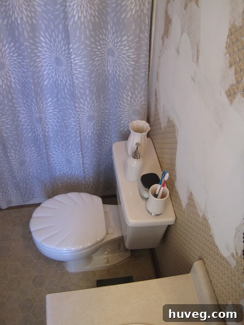 Another bird's eye view, focusing on the toilet area within the tiny primary bathroom, emphasizing the cramped quarters.