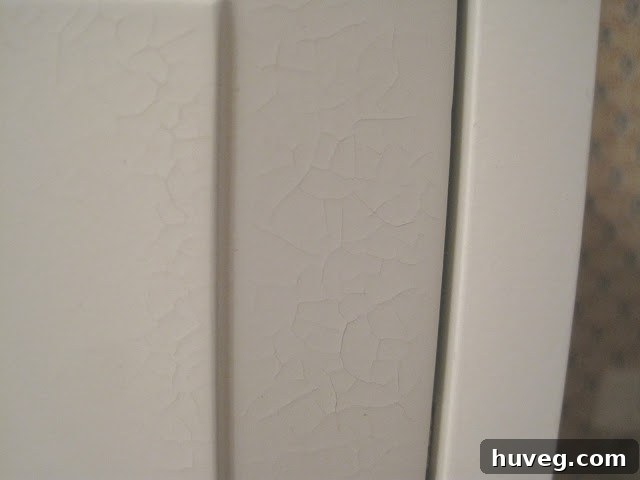 Close-up of the paint crackling and chipping on the cabinet doors, caused by humidity.