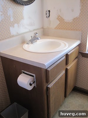 A closer view of the dark vanity, highlighting its dated appearance and hardware.