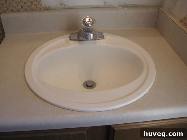 The old vanity and sink, highlighting the worn-out appearance and the need for an upgrade.