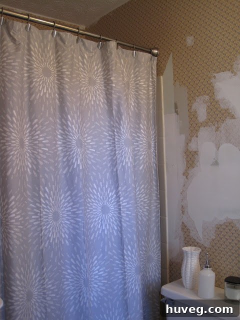 New shower curtain in shades of gray, hanging in the primary bathroom.