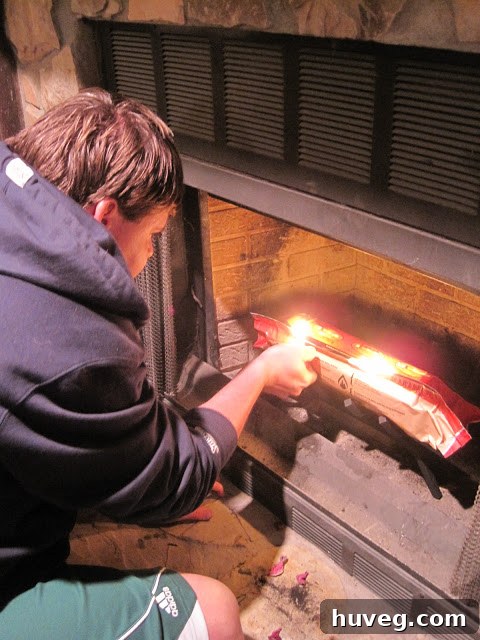 Close-up of the fire basket and gas starter in the fireplace.