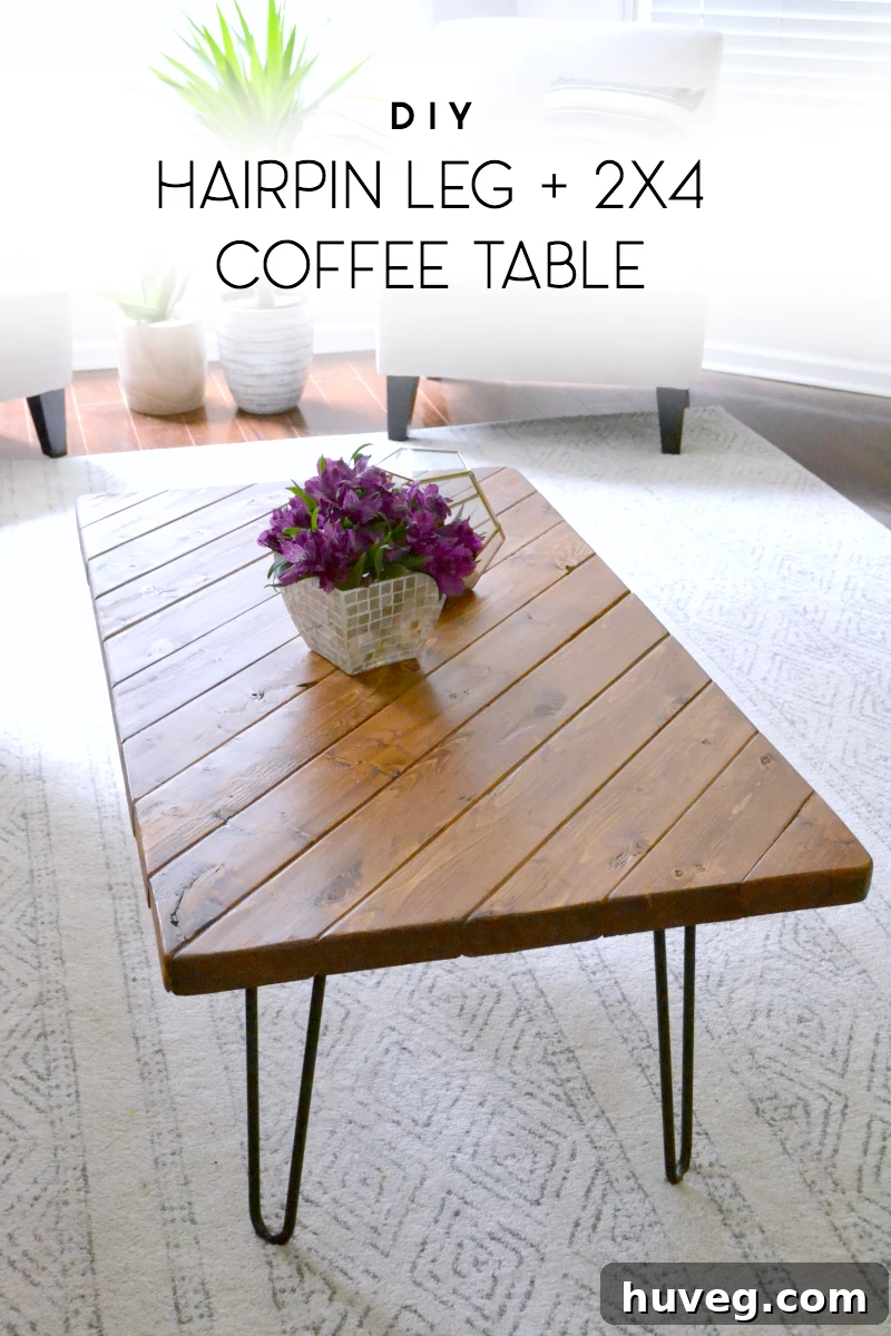 DIY Hairpin Leg Coffee Table crafted from 2x4 scrap wood, a modern and quick build project for any home.