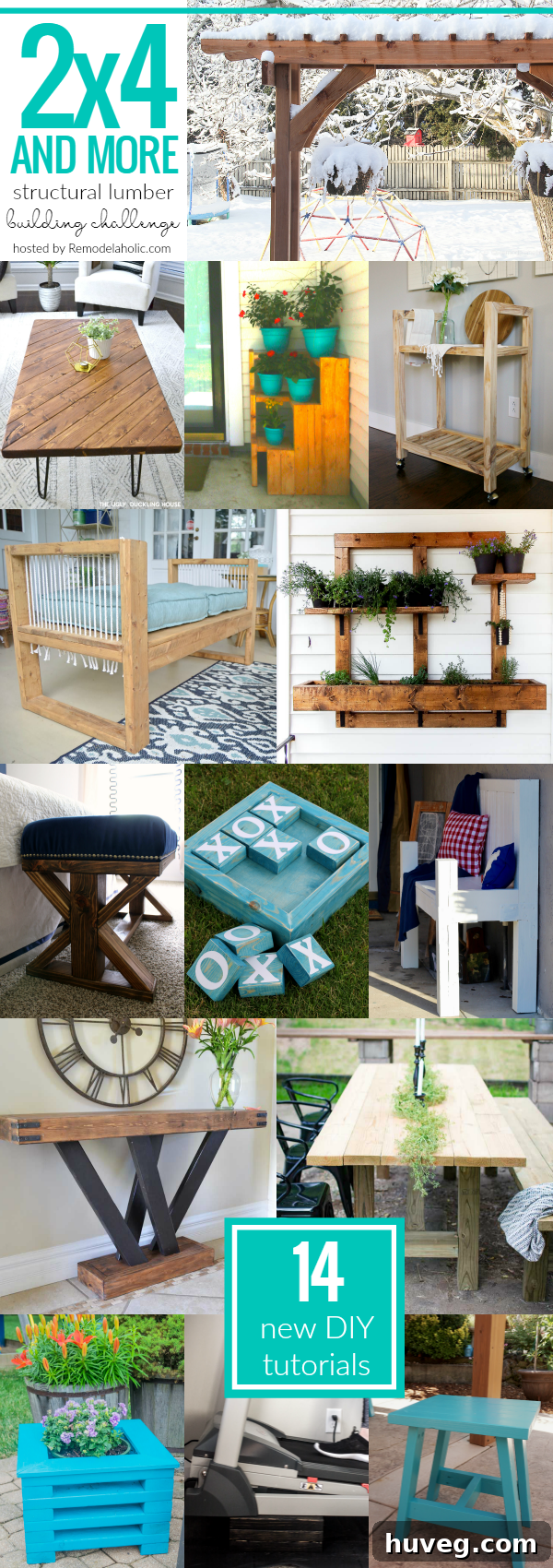 Collage of diverse DIY projects made from 2x4 lumber as part of the #2x4andMore challenge.