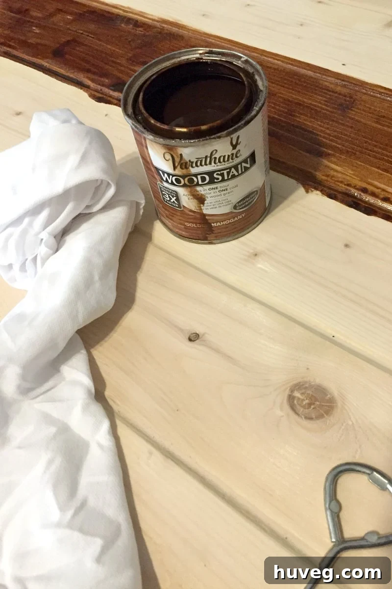 Varathane wood stain in Golden Mahogany applied to the DIY coffee table.