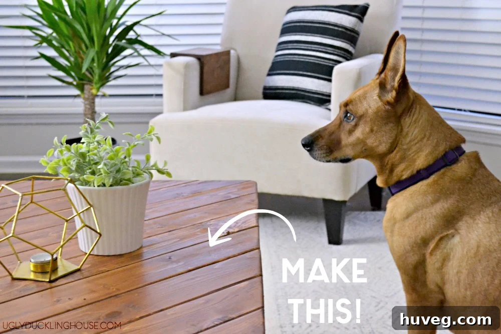 Stylish DIY coffee table built from 2x4s and hairpin legs, part of the 2x4andMore Challenge.