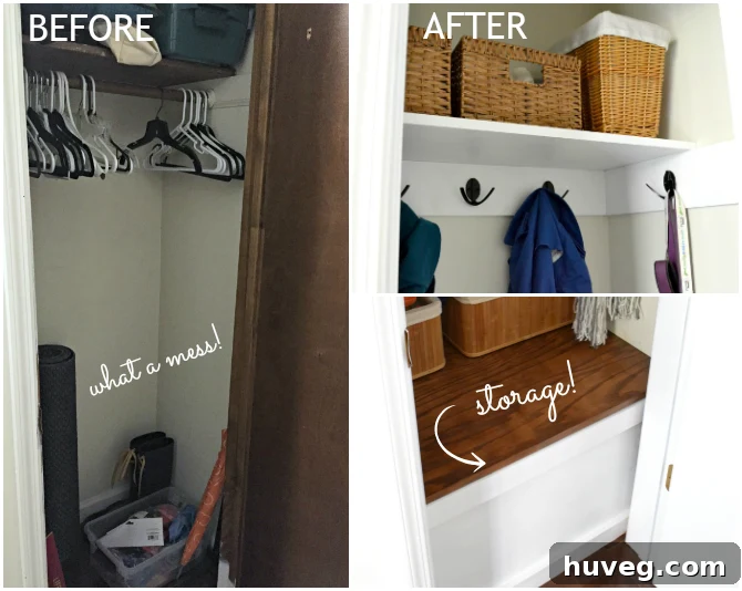 Before and after transformation of an entryway closet, showcasing how stylish storage baskets can dramatically improve organization and visual appeal