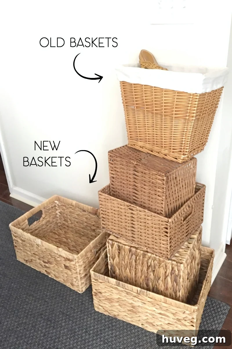 A comparative image showing old, mismatched storage baskets next to new, cohesive GAIA Contemporary Home baskets, highlighting the aesthetic upgrade