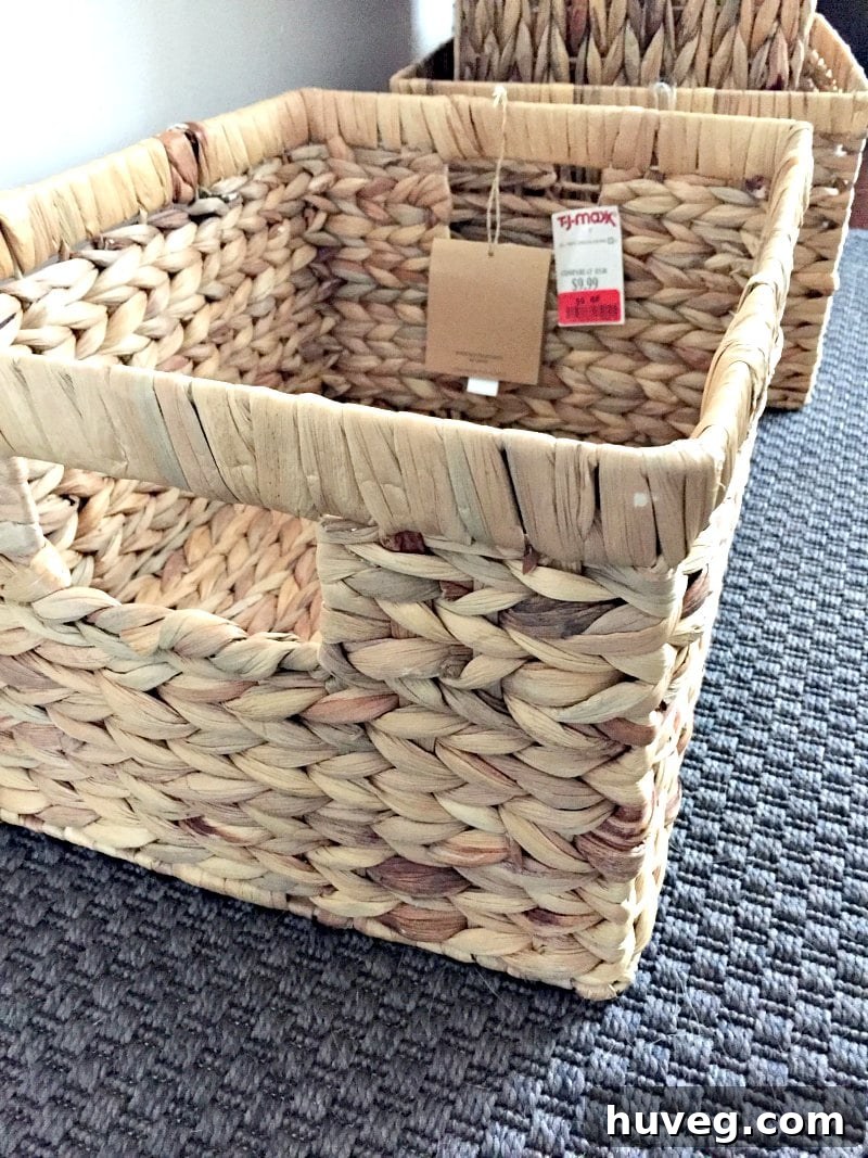 A shopping cart brimming with newly discovered GAIA Contemporary Home baskets, illustrating the excitement of a successful bargain hunt for home organization