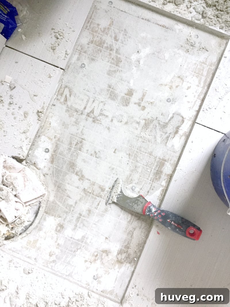 Removed tile adhesive, showing a clean subfloor