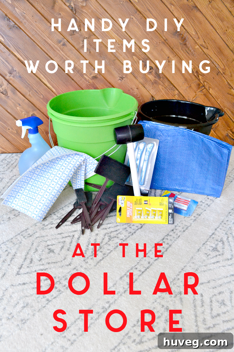 Handy home repair items worth buying at the dollar store, including buckets, brushes, and utility knives