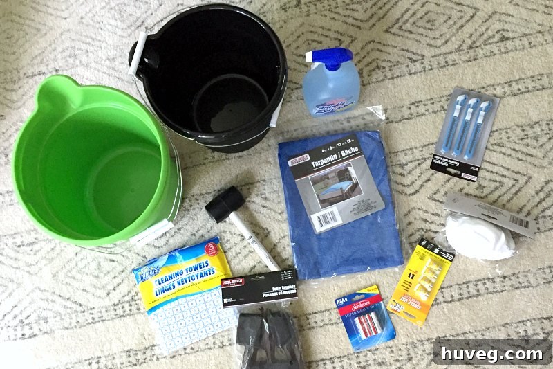 Various handy DIY products sourced from the dollar store, including brushes, tapes, and utility knives
