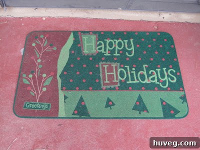 Close-up of a festive and surprisingly thick welcome mat at a decorated entrance, showcasing budget-friendly decor.