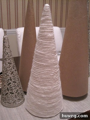 Handmade yarn-covered decorative tree for winter decor