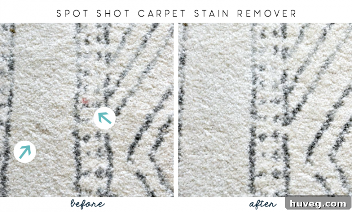 Before and after comparison showing Spot Shot's effectiveness on carpet stains