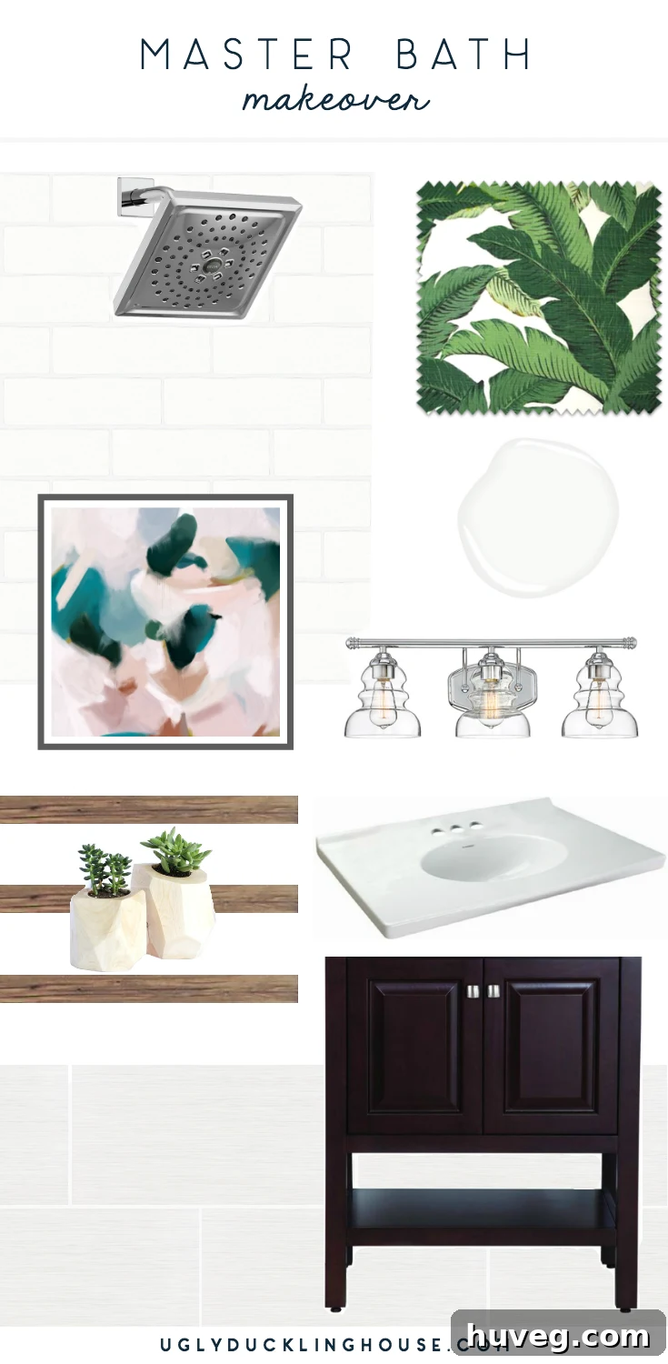 Modern white, green, and chrome primary bathroom mood board