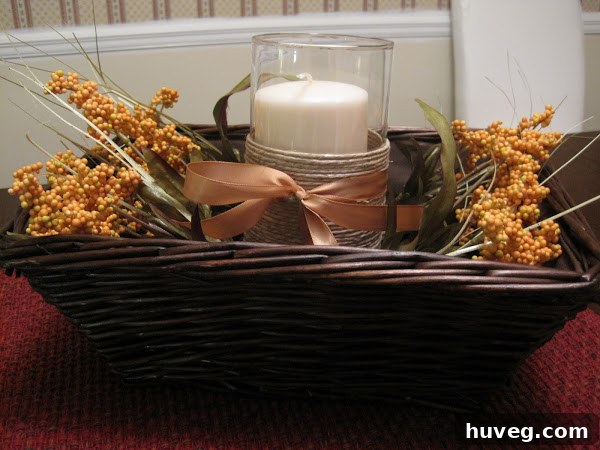 Completed dollar store Thanksgiving centerpiece showcasing rustic charm