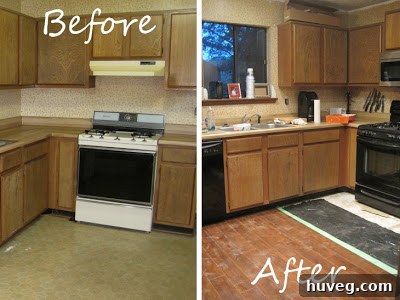 Kitchen floor during renovation with some construction debris, showing progress after lighting installation.
