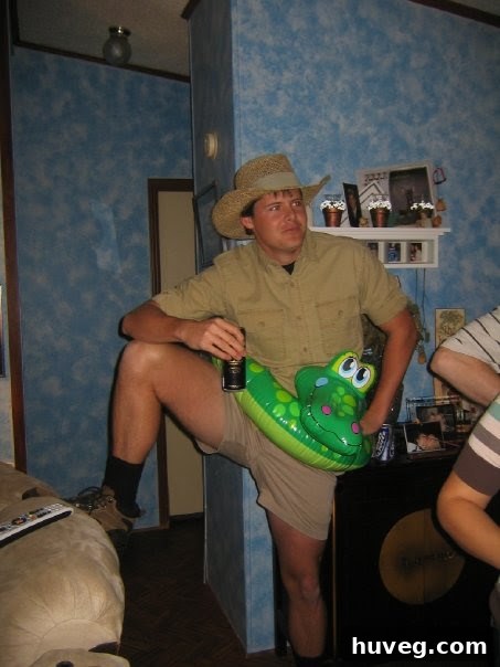 Scott dressed as Steve Irwin for a Dead Celebrities Party, wearing khaki and holding a prop.