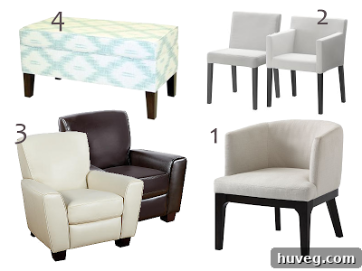 A shopping list for furniture including a chair, dining chairs, recliner, and storage bench.