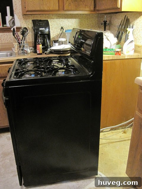 Close-up of extremely dirty floor under where the oven was.