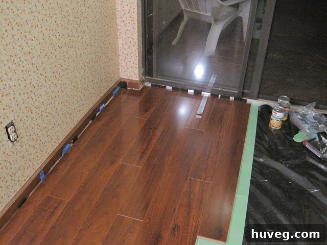 Overview of the dusty kitchen with exposed flooring and renovation tools.