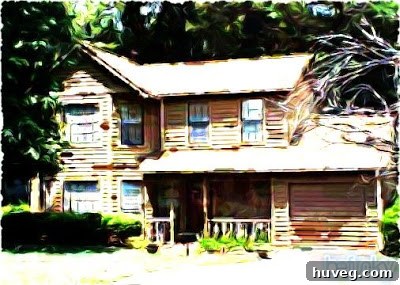 The house photo rendered with a Gouache paint effect, showing bold, opaque brushstrokes and vibrant colors.