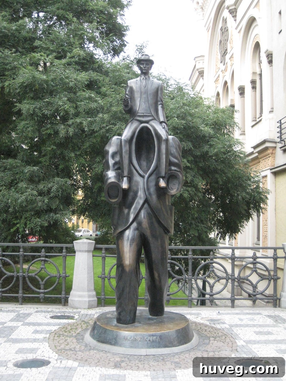 The unique and thought-provoking kinetic sculpture of Franz Kafka's rotating head, located in Prague's historic Jewish Quarter, showcasing modern art.