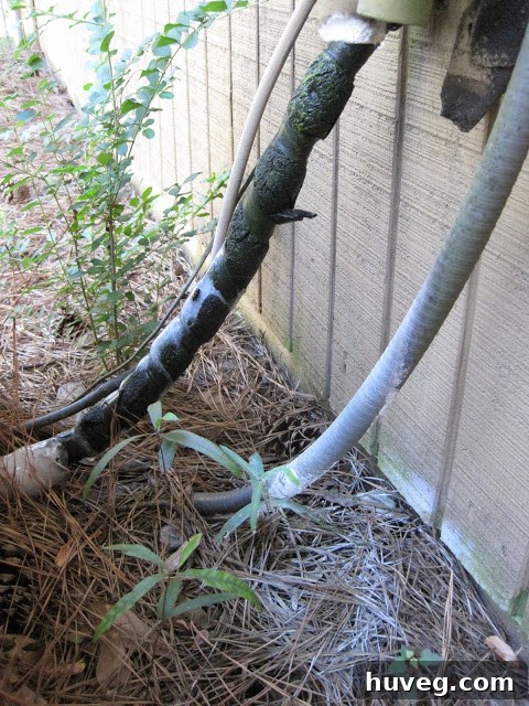 Close-up photograph of a heavily frozen air conditioning evaporator coil, showing significant ice buildup and potential damage.