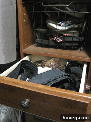 Before image of a disorganized drawer for belts