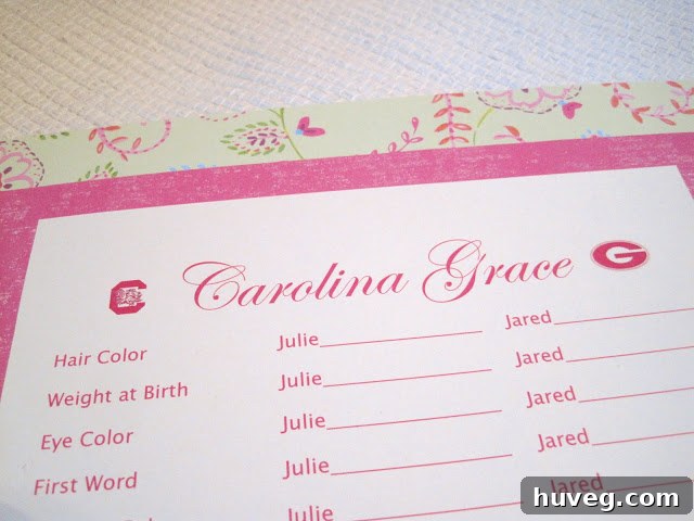 Baby prediction page with pink college football team logos