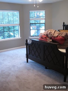 Before and after comparison of a primary bedroom, showing the dramatic change from old carpet to new, clean carpet.