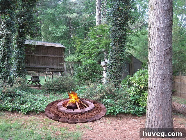 Backyard Area Designated for Future Fire Pit, Currently Overgrown with Ivy