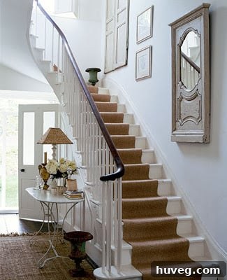 White painted stairs with a sisal stair runner