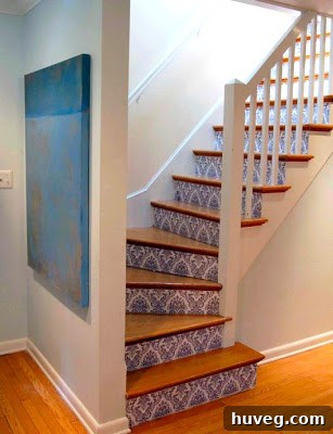 Staircase with patterned wallpapered risers