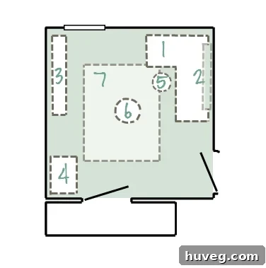 Detailed floor plan for a small 10x10 craft room layout, optimizing space for various craft activities