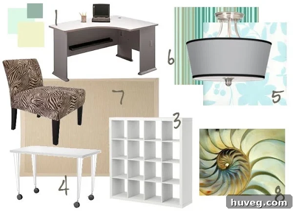 Inspiring craft room mood board showcasing color palette, furniture styles, and decor ideas for a vibrant creative space