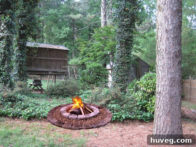 A 'before' photo of a backyard area, with a sketched-in fire pit location